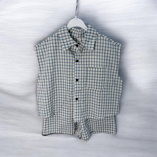 Completo bambino in cotone a quadri con camicia smanicata e pantaloncino cod#008