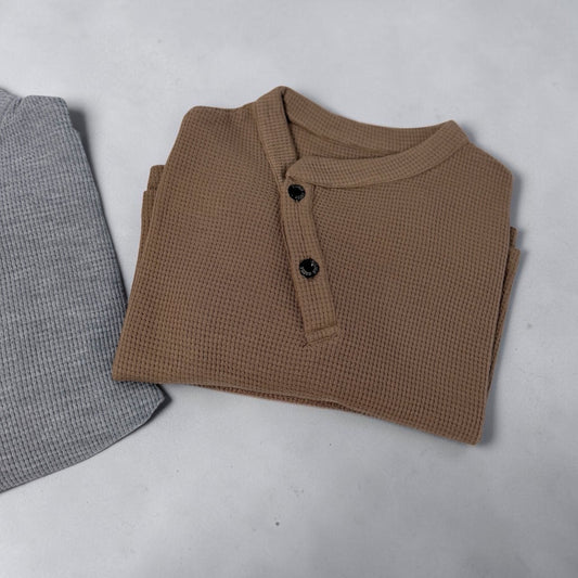 Maglia bambino unisex in cotone waffle- grigio e biscotto