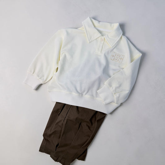 Polo Bambino in Felpa Collo Camicia – Crema con Ricamo e polsino in cotone | 4-13 anni cod#020