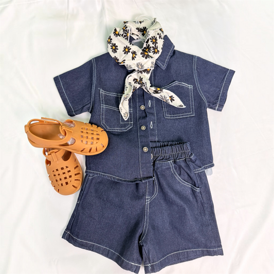 Set in denim scuro camicia + shorts corto cod#111