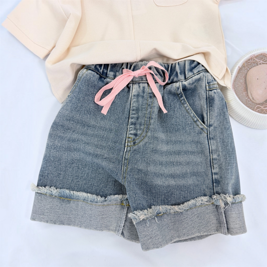 Bermuda in denim con laccetti rosa cod#124